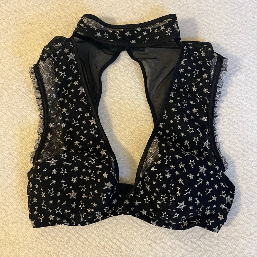 Victoria’s Secret Dream Angels Lined Plunge Black Mesh Silver Stars Lingerie XS